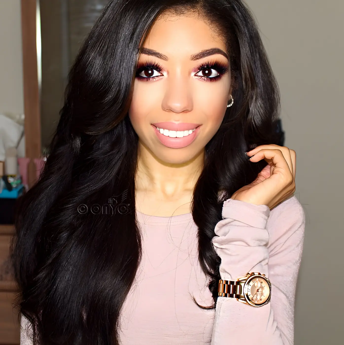 Amy-wearing-ONYC-Silk-Pressed-Silky-Relaxed-Light-Relaxed-Perm-Hair-Extensions.webp Silk Press Hair Bundles Weft Extensions Natural Black – Silky Relaxed ONYC Light Relaxed Perm - Image 7