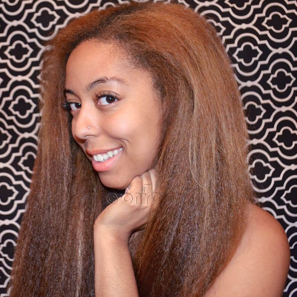 Beautiful-ONYC-Happy-customer-lexi-rocking-Fro-out-colored-Kinky-Straight-hair.jpg Colored Blowout Kinky Straight Bundles Sew-In Weave – Dyed ONYC Fro-Out™ - Image 3