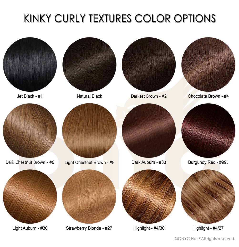 Kinky-Curly-Textures-Color-Options-1.jpg ONYC Colored Afro Kinky Curly Hair Bundles Natural Hair Weave Sew-In for Coily 3C-4C – Tight Kinky 3C-4A™ - Image 4