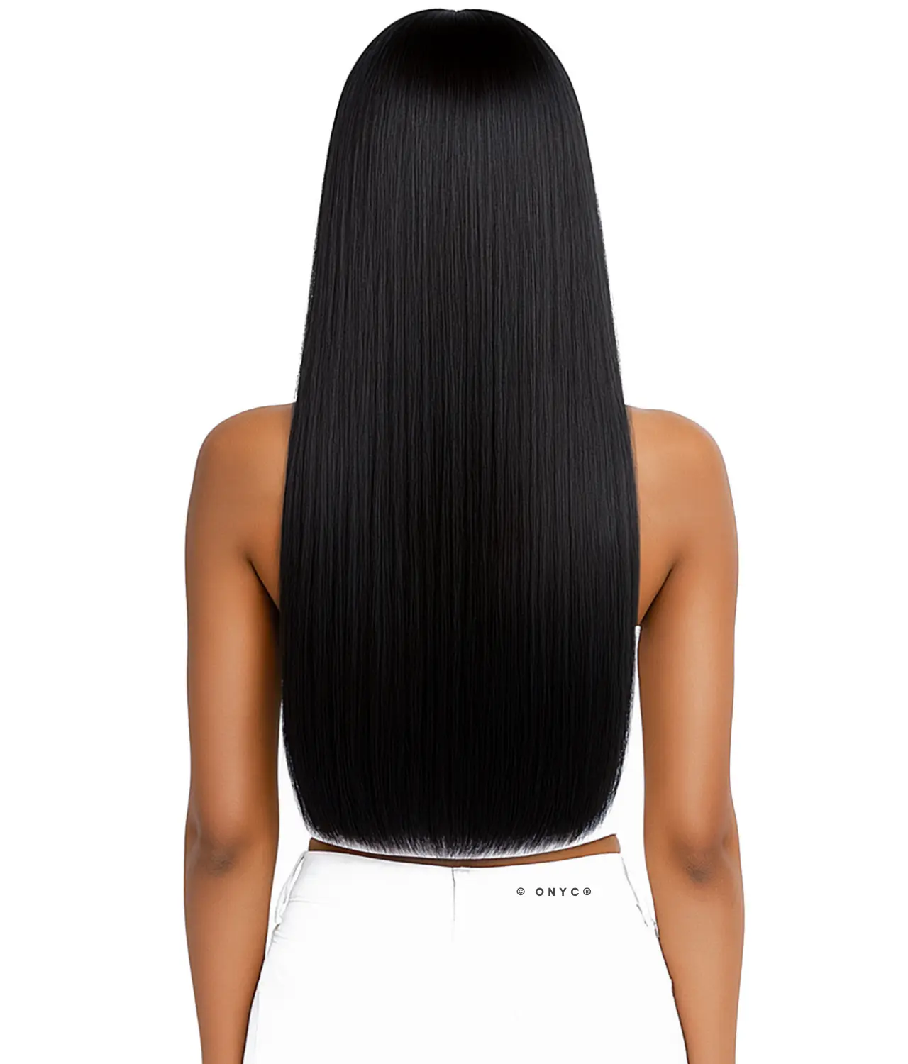 Model-in-ONYC-Silk-Press-Silky-Relaxed-Double-Drawn-Weft-Bundle-Natural-Black-–-Sleek-Relaxed-Back-View.webp Double Drawn Silk Press Hair Bundle Silky Relaxed Natural Black – ONYC Sleek Relaxed - Image 8
