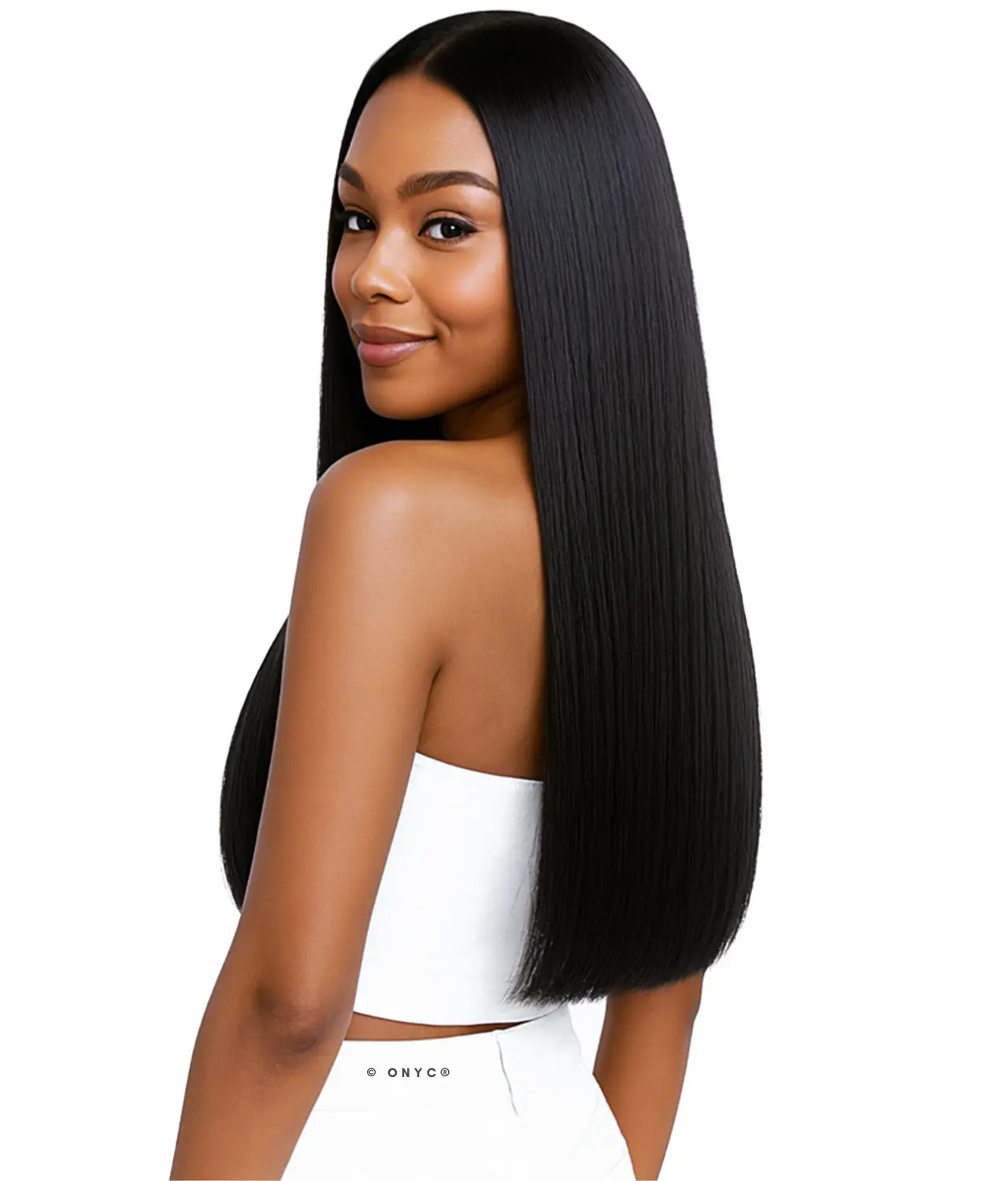 Model-in-ONYC-Silk-Press-Silky-Relaxed-Double-Drawn-Weft-Bundle-Natural-Black-–-Sleek-Relaxed-Side-View.webp Double Drawn Silk Press Hair Bundle Silky Relaxed Natural Black – ONYC Sleek Relaxed - Image 10