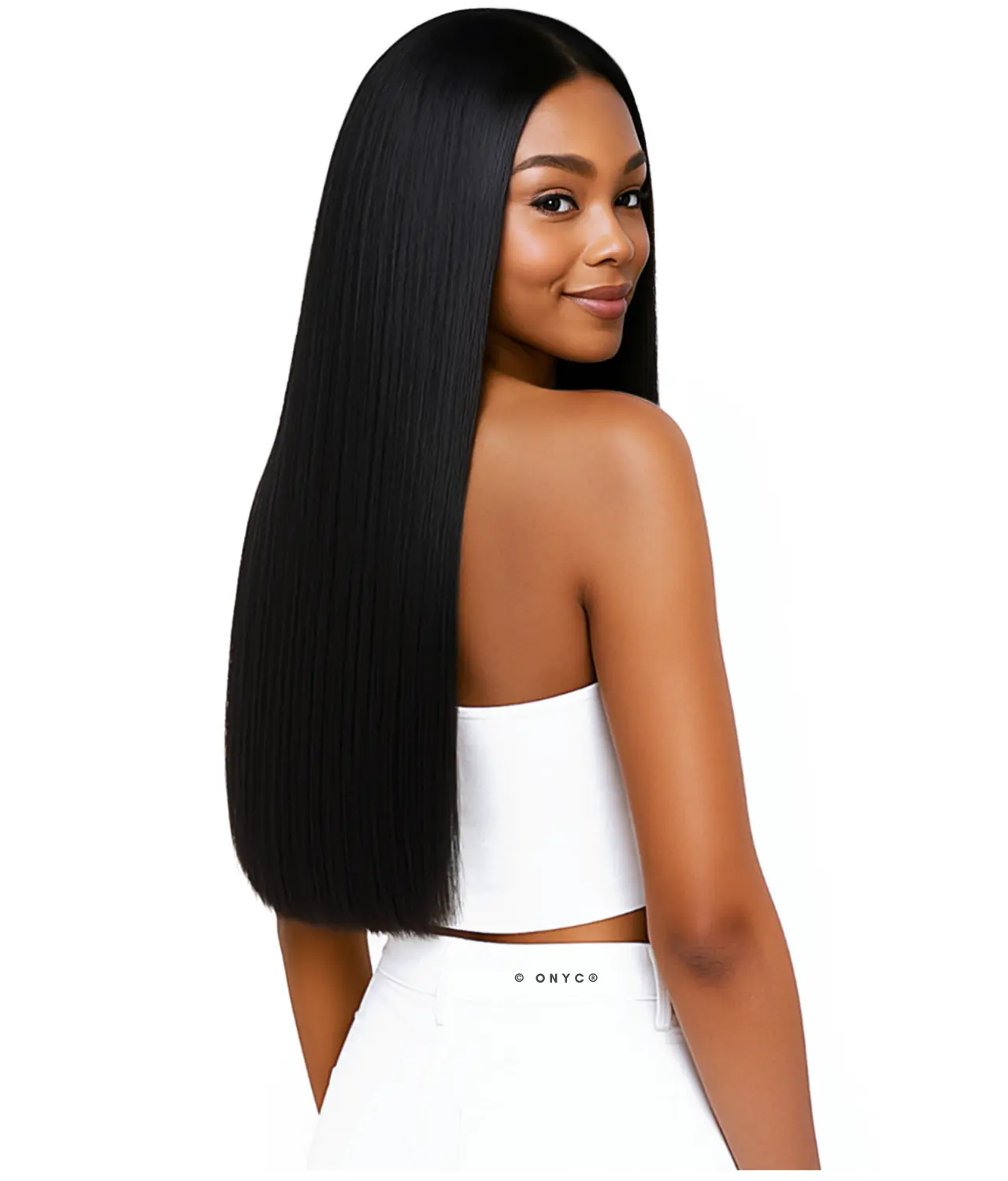 Model-in-ONYC-Silk-Press-Silky-Relaxed-Double-Drawn-Weft-Bundle-Natural-Black-–-Sleek-Relaxed-Side-View2.webp Double Drawn Silk Press Hair Bundle Silky Relaxed Natural Black – ONYC Sleek Relaxed - Image 6