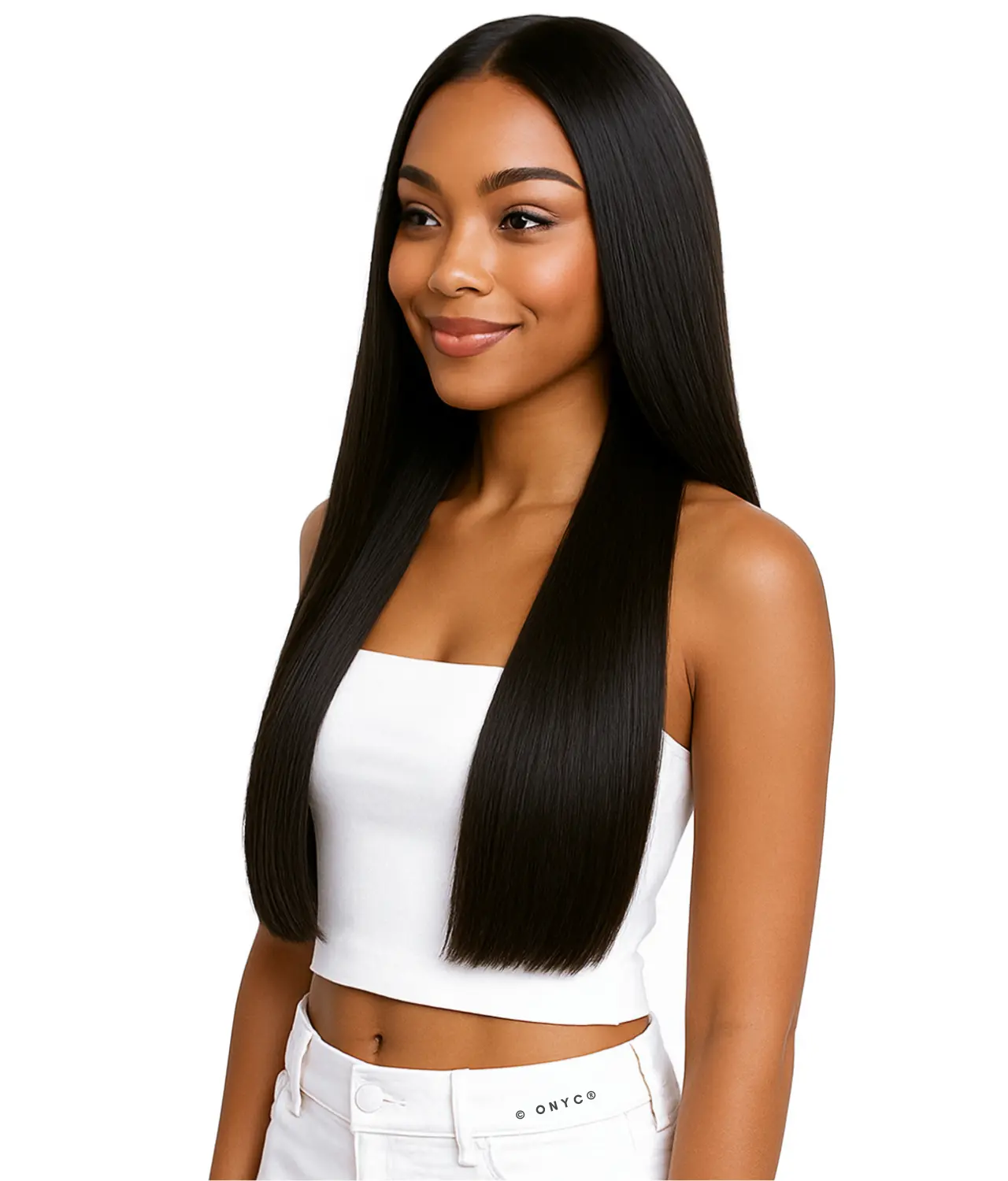 Model-in-ONYC-Silk-Press-Silky-Relaxed-Double-Drawn-Weft-Hair-Bundle-Natural-Black-–-Sleek-Relaxed-Smiling.webp Double Drawn Silk Press Hair Bundle Silky Relaxed Natural Black – ONYC Sleek Relaxed - Image 9