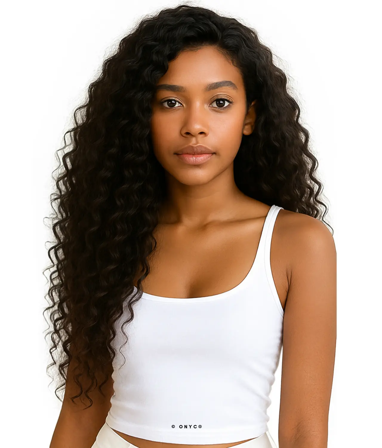 Model-in-ONYC-Spanish-Curly-Hair-Bundles-3A-Human-Hair-Weave-Machine-Weft-Hair-ONYC-Hair.webp ONYC Spanish Curly Hair Weave 3A Spanish Curl Bundles - Image 4