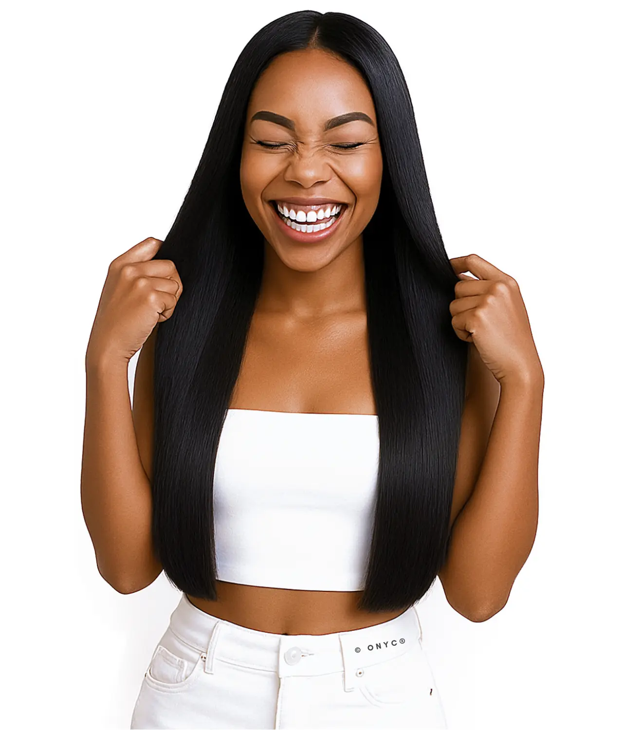 Smiling-Model-in-ONYC-Silk-Press-Silky-Relaxed-Double-Drawn-Weft-Bundle-Natural-Black-–-Sleek-Relaxed.webp Double Drawn Silk Press Hair Bundle Silky Relaxed Natural Black – ONYC Sleek Relaxed - Image 7